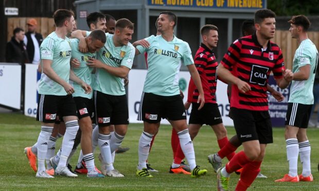 Matthew McLean, second from left, celebrates with his Formartine United team-mates after scoring against Inverurie Locos. Pictures by Kenny Elrick/DCT Media