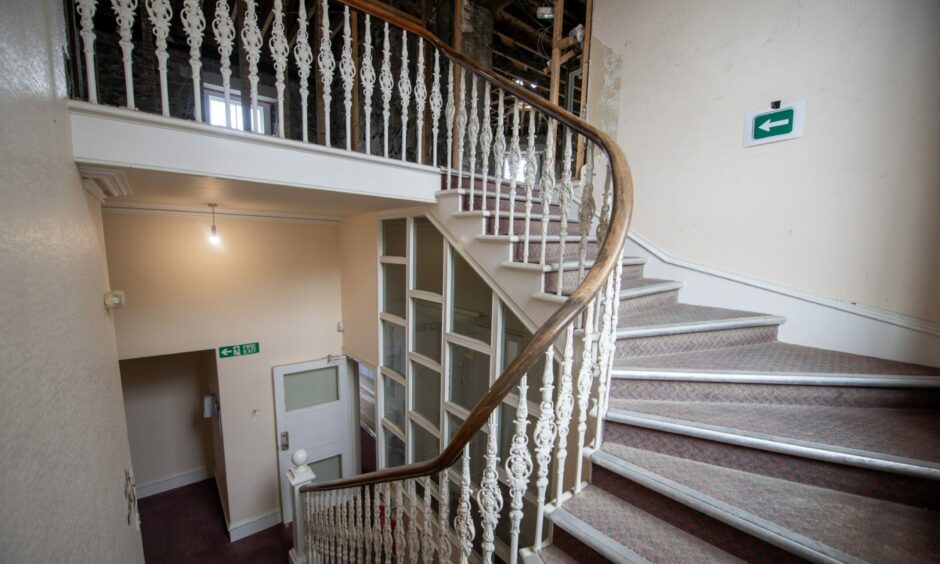 The staircase leading to the top floor of the former Clydesdale bank.
