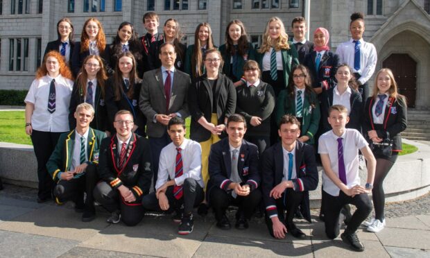 pupils from across Aberdeen with Councillors Martin Greig and Miranda Radley.