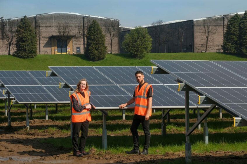 Kerry Easter and Jay Christie of Diageo at the drink giant's Leven solar array.