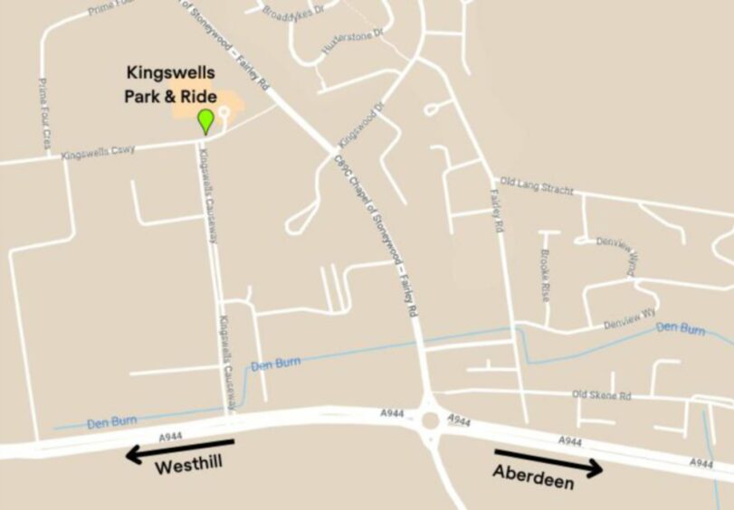 Map showing Kingswells Park & Ride in Aberdeen.