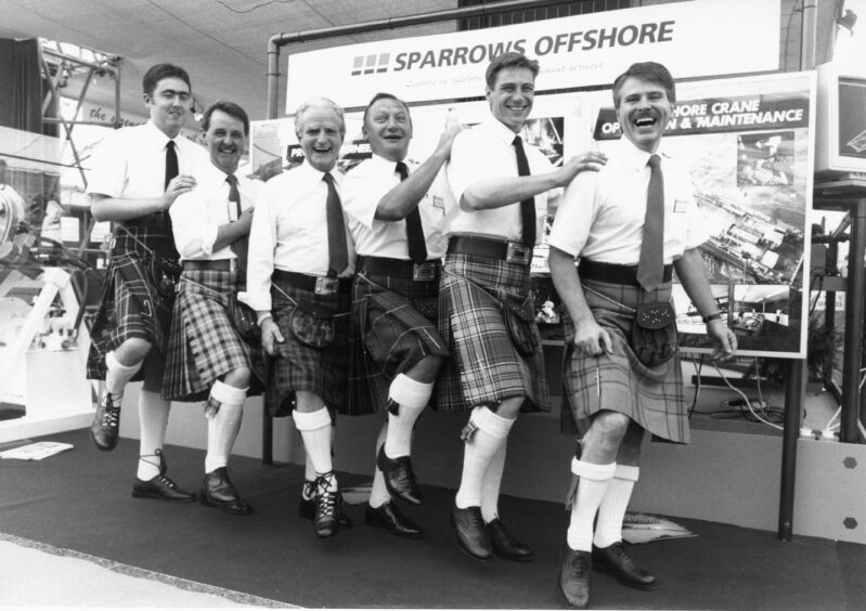 3 September 1991:
Left to right: Mr Ewen Kest, Sparrows Offshore, Mr Billy Chatwood, Mr John McDonald, both Aberdeen Scaffolding. Mr John Rodway, Sparrows Offshore, Mr Steve Farma, ACL, and Mr Gordon McCombie, Sparrows Offshore.