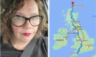 Collage of Hayley Green on left with map from Devon to Orkney route on right.