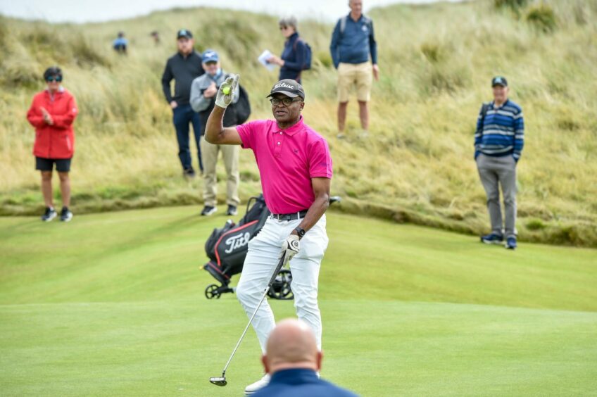 Kriss Akabusi while playing in the event at Trump International Links in 2023