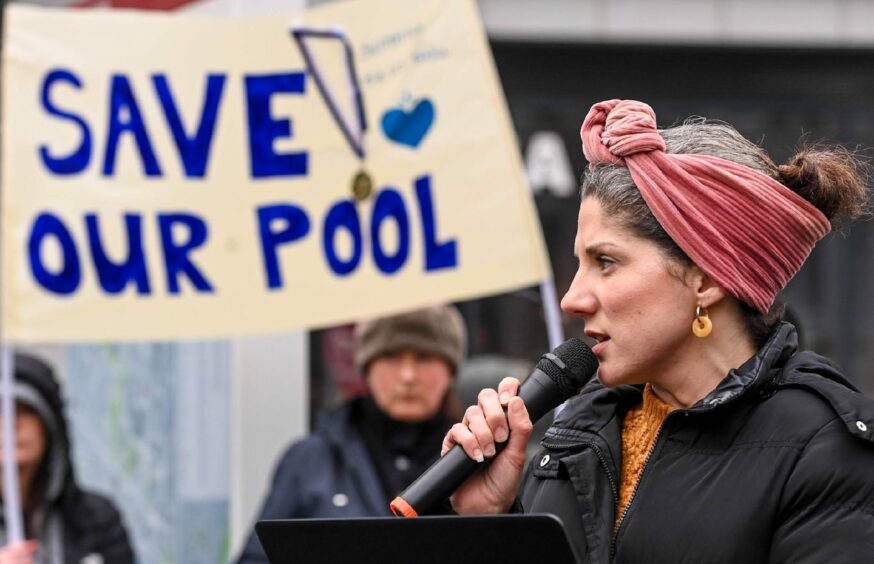 Kirsty Fraser addressed fellow campaigners working to save Bucksburn swimming pool from closure. Image: Darrell Benns/DC Thomson