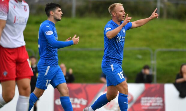 Jack Brown, left, and Peterhead player-co-boss Jordon Brown after the latter's goal was ruled out for offside. Image: Duncan Brown.