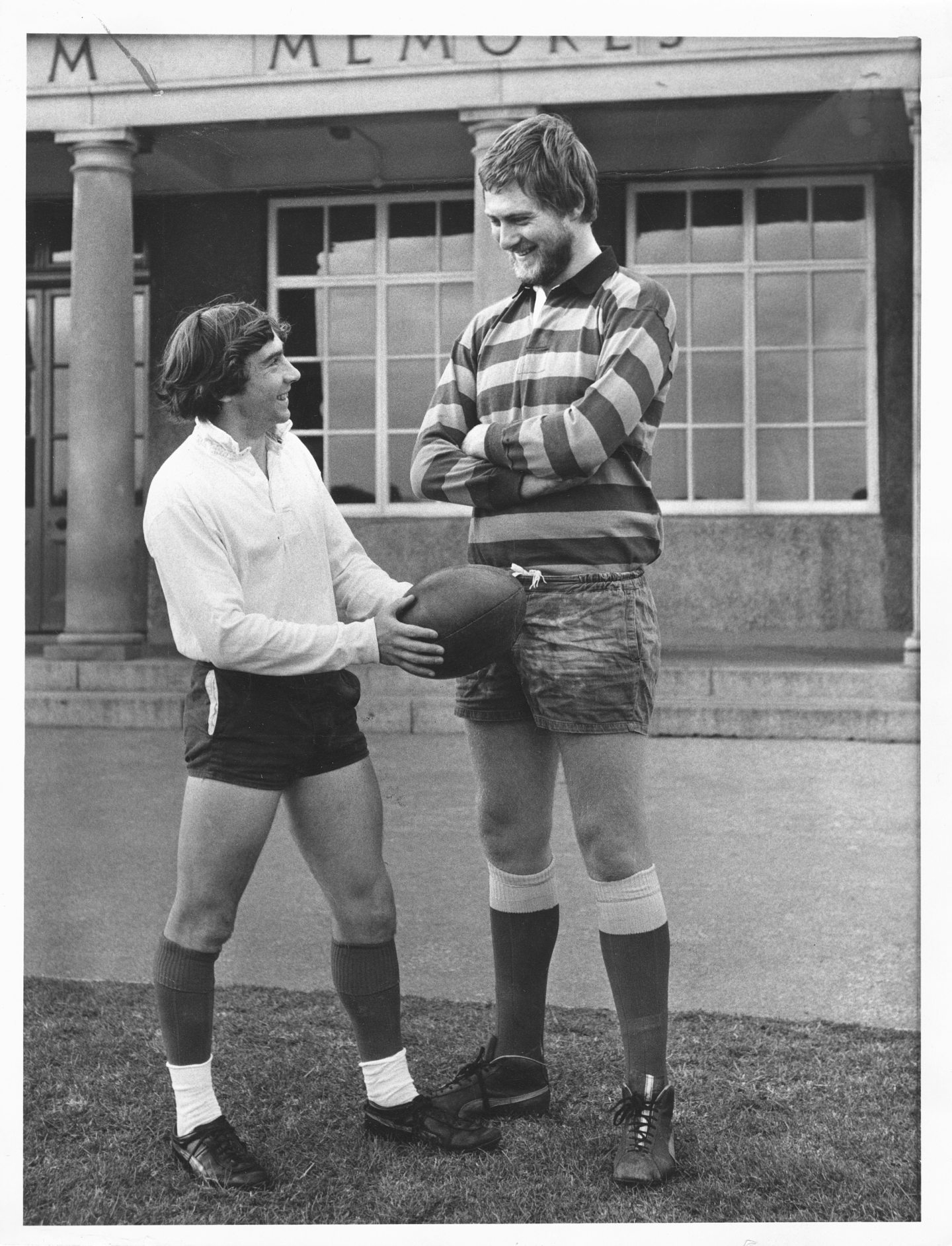 Members of the schools rugby team, Ian Gray in the old strip and Mike Rouse in the new in 1976.