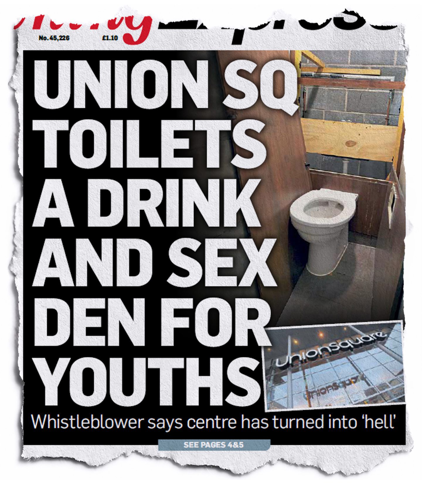The Evening Express front page on Saturday, August 5, with headline that reads: 'Union Sq toilets a drink and sex den for youths'.