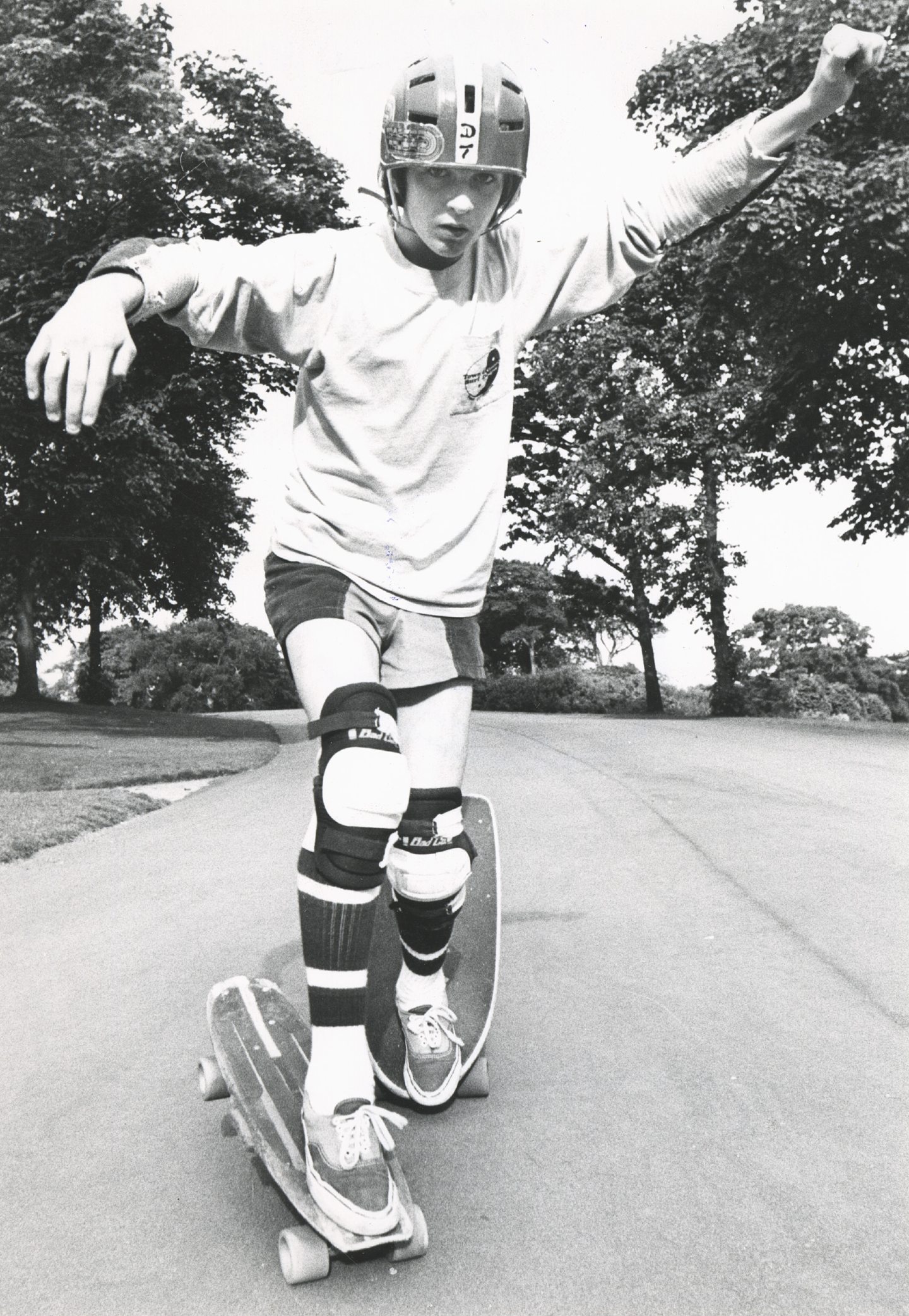 Young Aberdeen Grammar schoolboy on a skateboard in 1979.