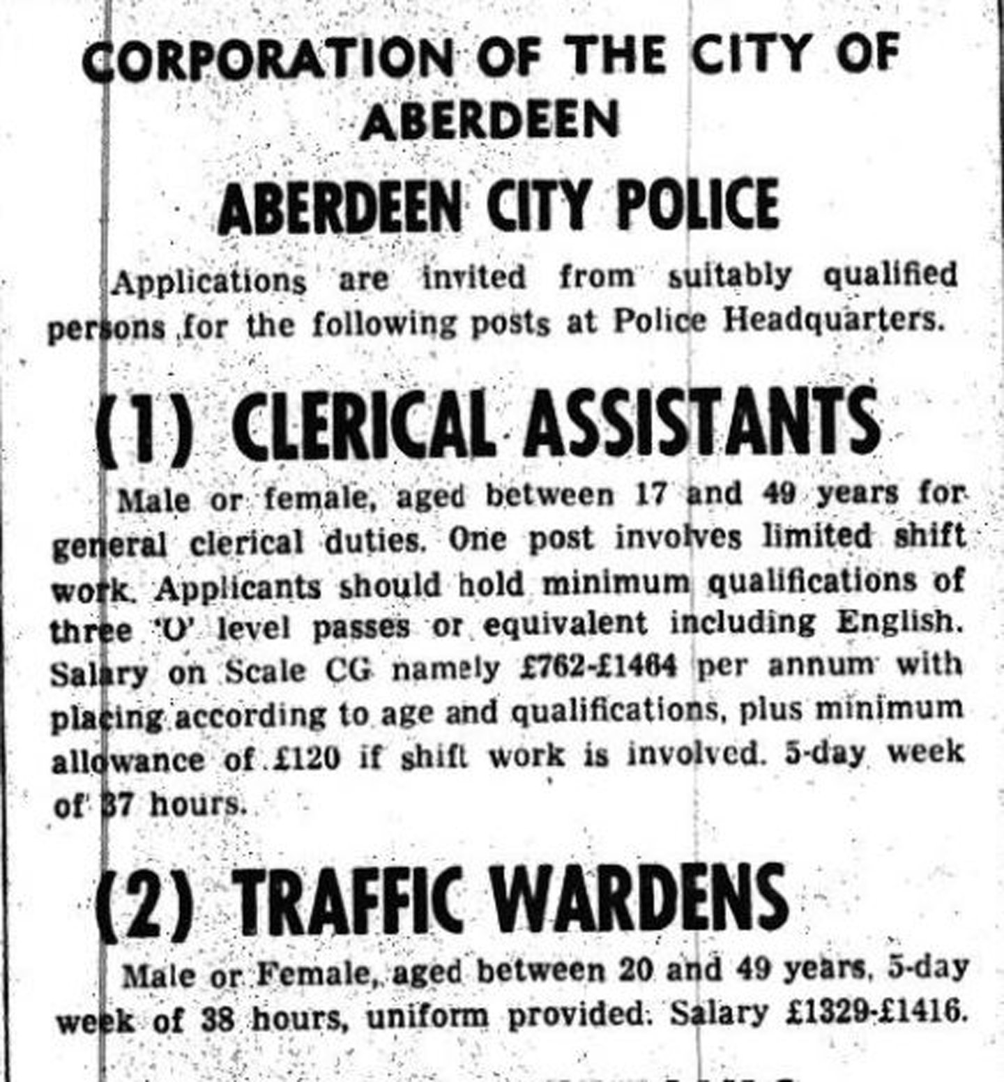 A newspaper advert for traffic wardens in Aberdeen from 1974