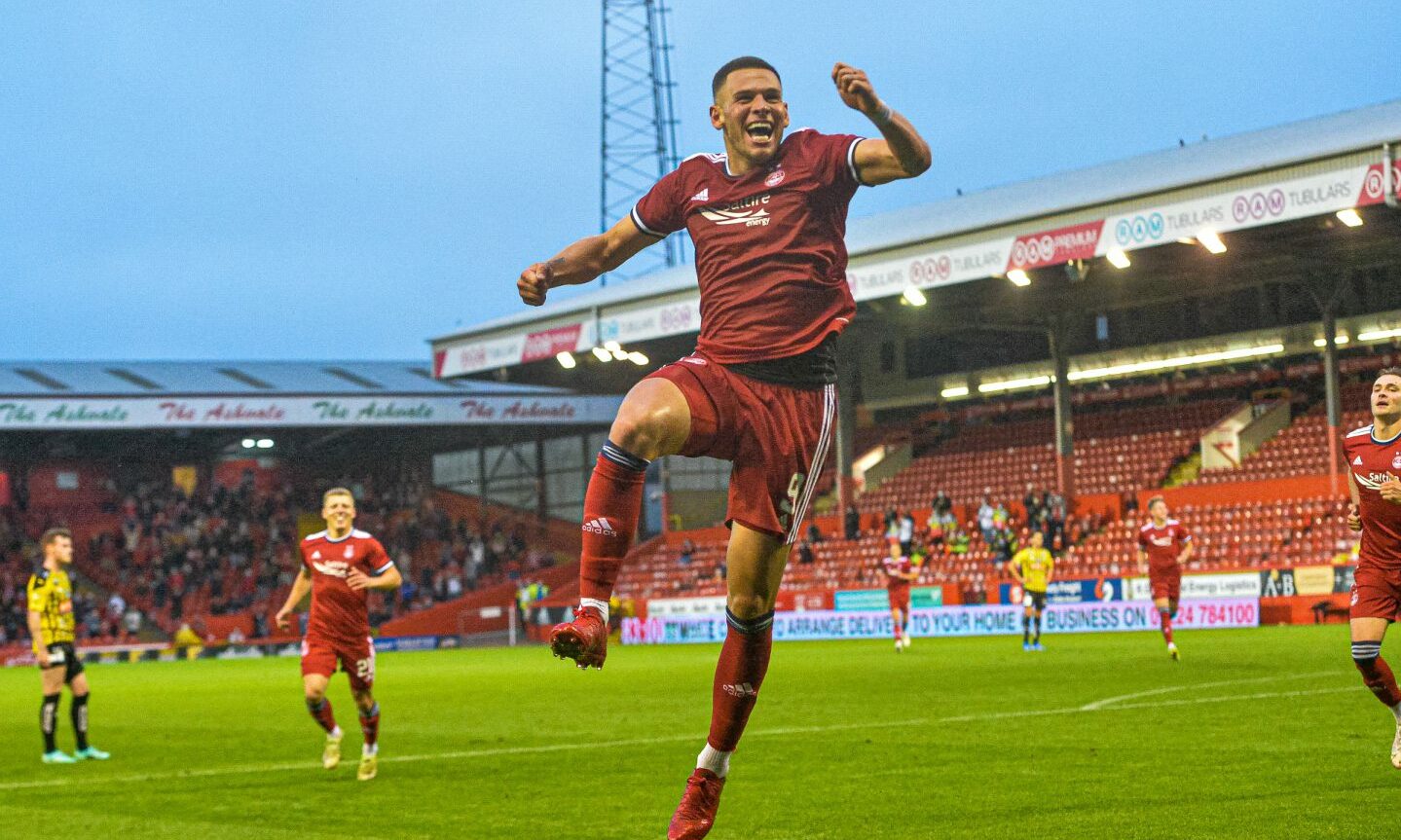 Christian Ramirez celebrates scoring against BK Hacken in a 5-1 Aberdeen win in 2021.