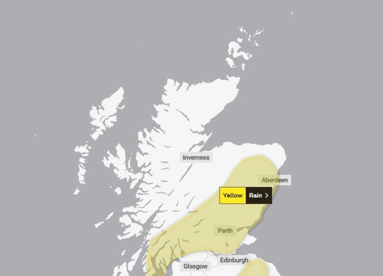 Map showing the yellow weather warning across Aberdeen and parts of Aberdeenshire.