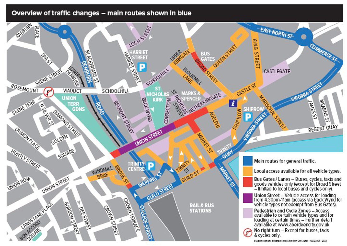 A map showing the new bus gates in Aberdeen city centre