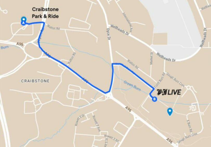 Map showing route from Craibstone Park & Ride to P&J Live in Aberdeen.