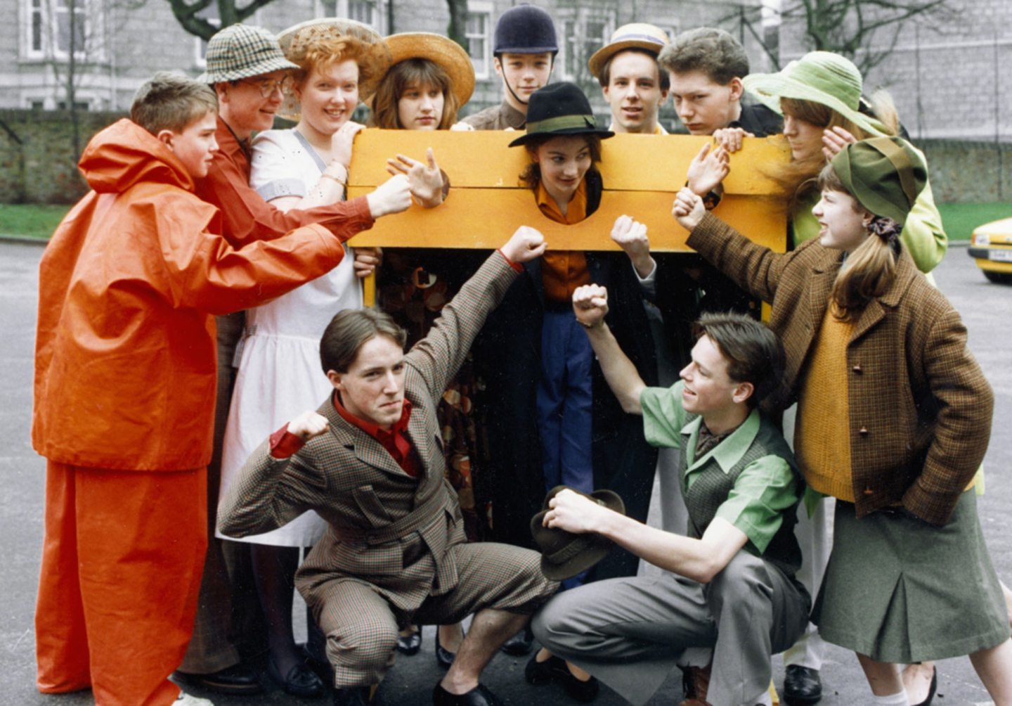 Members of the school's Dramatic Society play out a scene in the musical Free as Air in 1991.