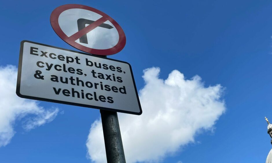 New warning sign on road where bus gate was installed in Aberdeen city centre.