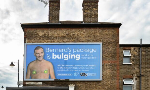 Pressure group Global Witness previously put up billboards in London showing a shirtless Bernard Looney, chief executive of BP, and attacking his pay award. Image: Global Witness