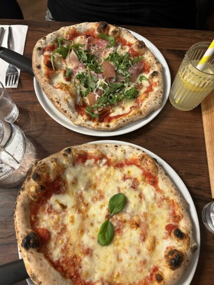 Two pizzas at Cheese and Tomatin, Inverness.