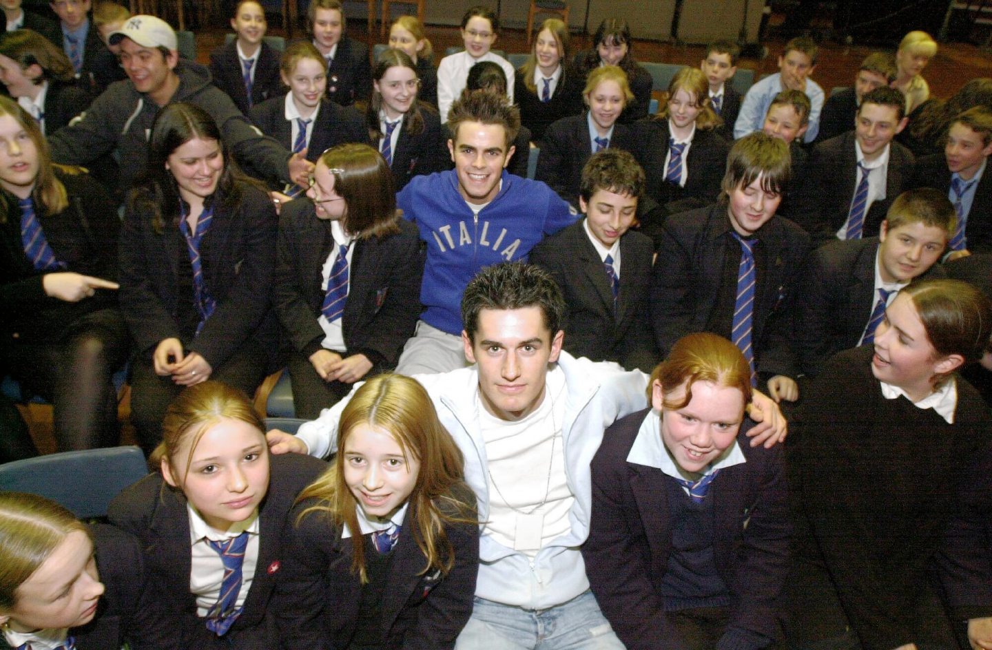 Pupils with members of D'side at a drugs awareness concert at the school in 2002.