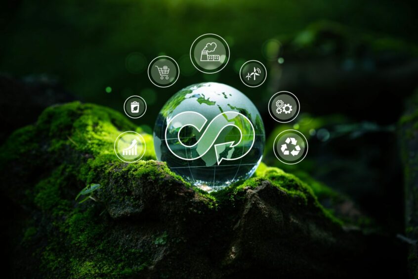 Crystal globe with circular economy icon on moss.