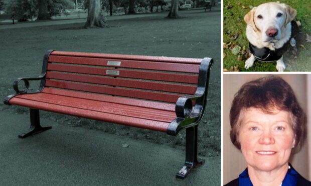 Back together again: Sheila Duthie and the dog she loved, Lara, memorialised on a Victoria Park bench.