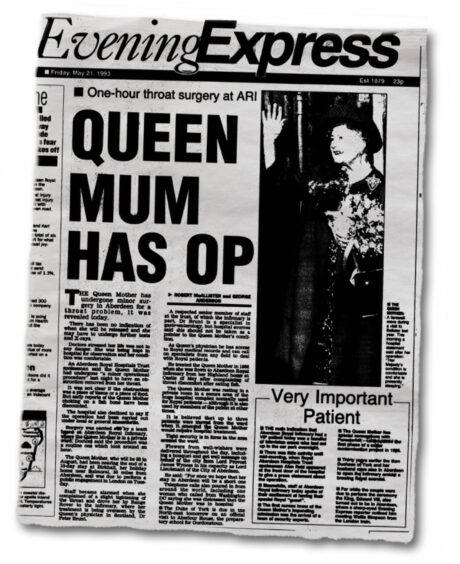 Evening Express newspaper coverage of when the Queen mum was operated on by Professor Peter Brunt in Aberdeen.