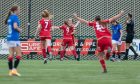 Aberdeen Women celebrate Bayley Hutchison's goal against Rangers at Broadwood in August. Supplied by SWPL.