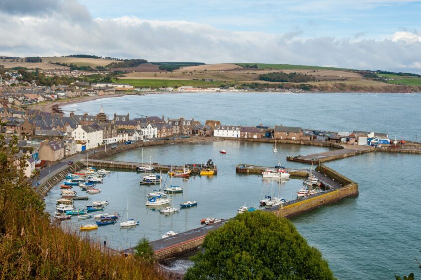Aerial shot of Stonehaven with one of the town's most historic pubs, Ship Inn, in view.