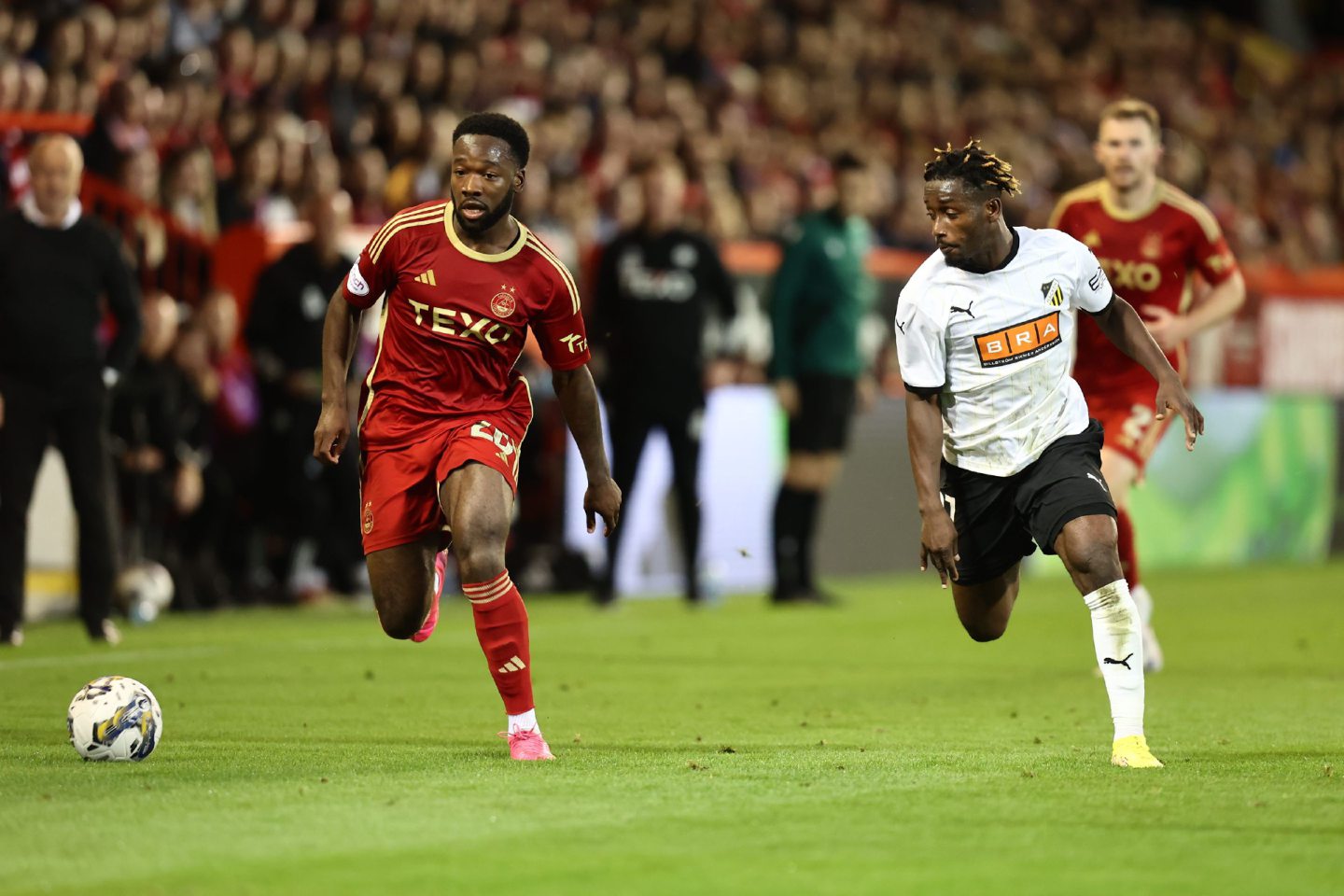 Shayden Morris and BK Hacken's Ibrahim Sadiq (37) during the Europa League play off. Image: Shutterstock 