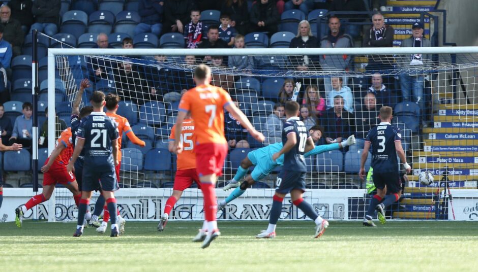 Danny Devine is denied by an offside flag after scoring for Inverness against Raith Rovers.