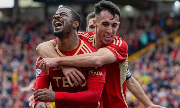 Duk celebrates with Bojan Miovski after scoring to make it 2-0 against Ross County. Image: SNS