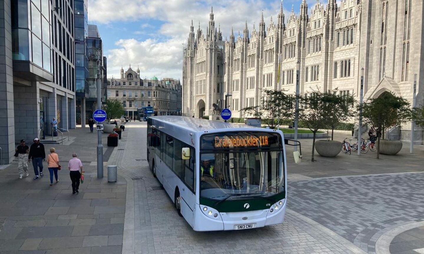 First Bus outside Marischal Court and Marischal Square in Aberdeen. 