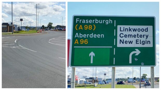 Signs at Elgin A96 roundabout