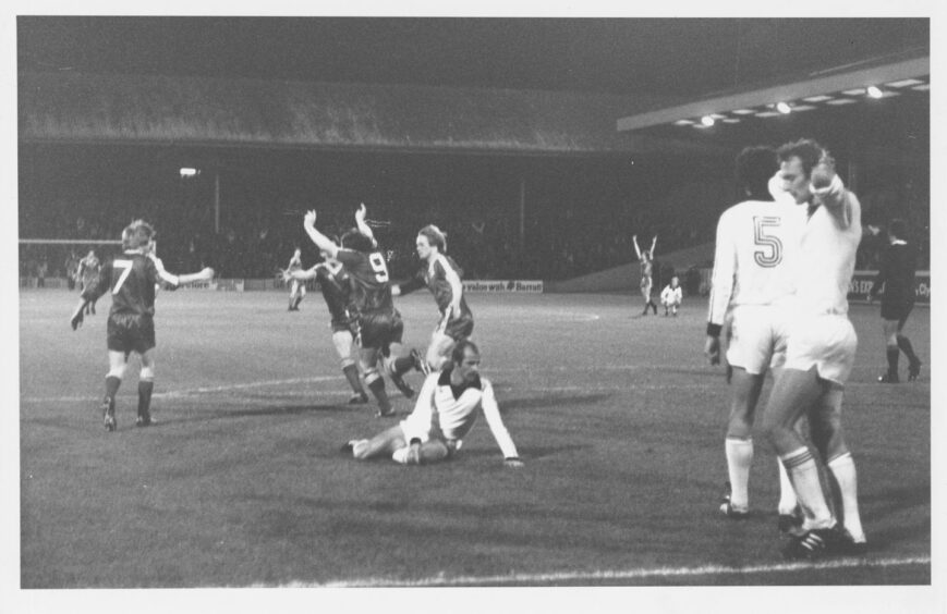 Joe Harper celebrating with the other Aberdeen players during a game against Eintracht Frankfurt in 1979.