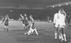 A triumphant Joe Harper races upfield after notching Aberdeen's equaliser at Pittodrie against Eintracht Frankfurt in 1979. Image: Aberdeen Journals.