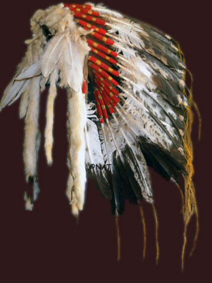 A headdress based on an old Blackfoot bonnet.