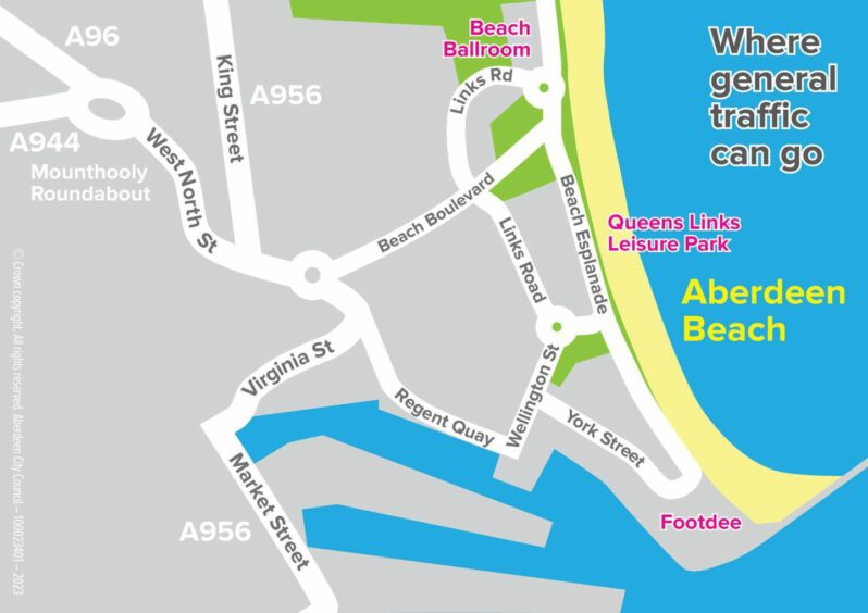 This map shows the roads that the general motorist can still use around Market Street and the harbour. Image: Aberdeen City Council