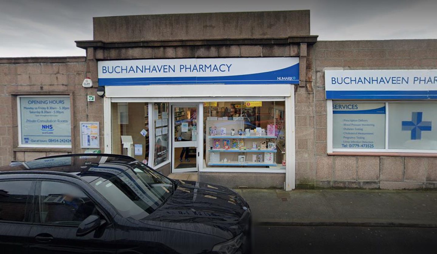 Outside of Buchanhaven Pharmacy in Peterhead.
