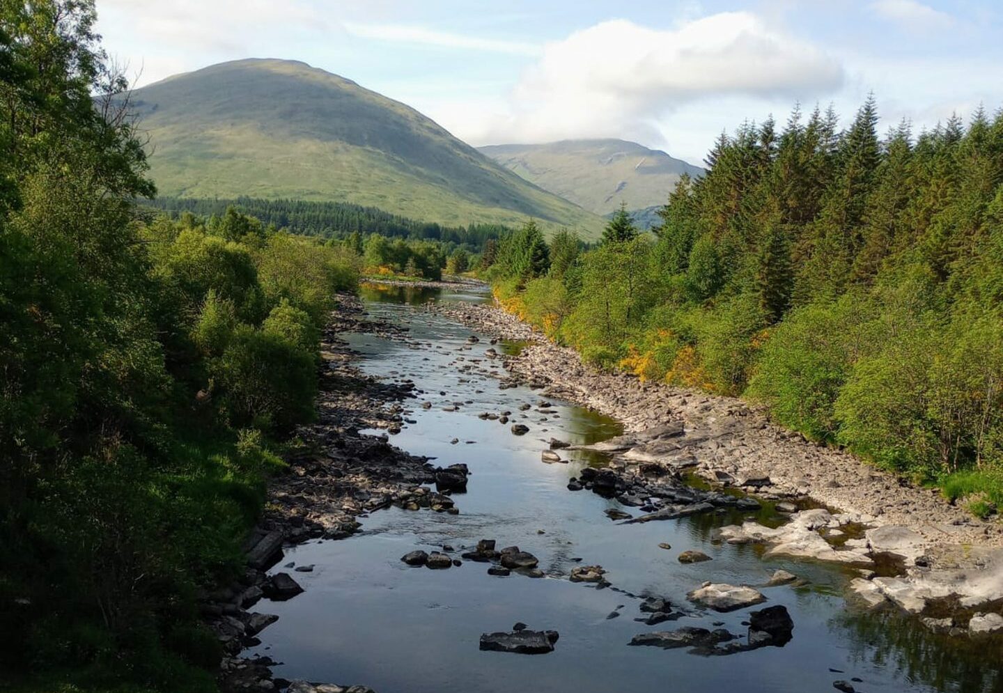 View along a river with mountains in the background.
