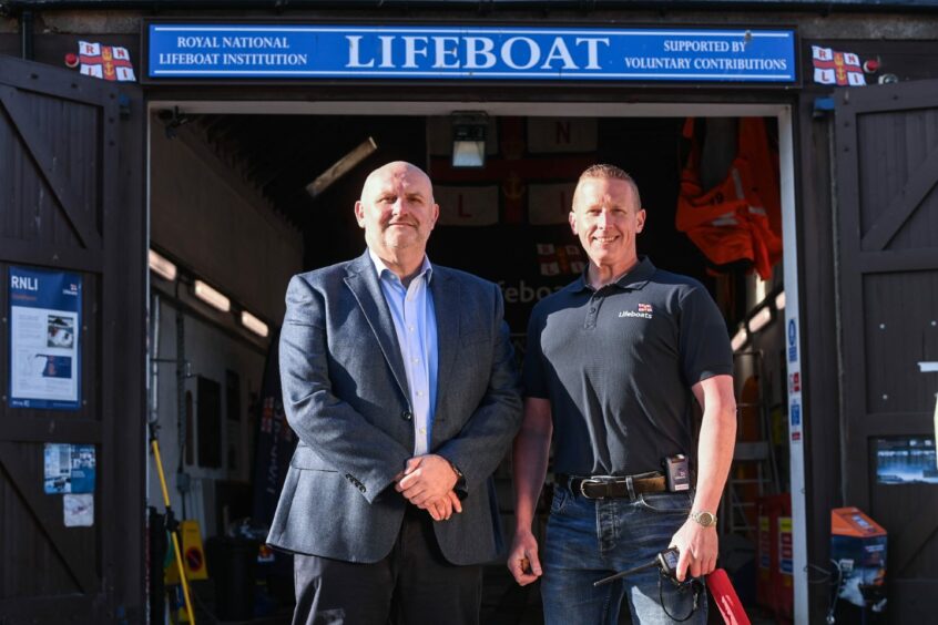 Stewart Barrie (Hunting Energy Services) and Andy Martin (RNLI Stonehaven Lifeboat Operations Manager)