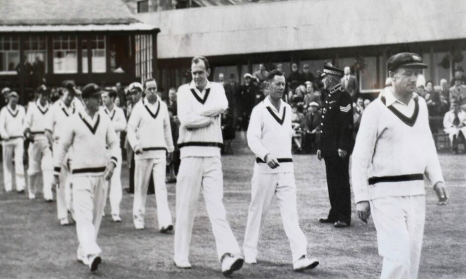 Don Bradman leads his Australian side out on to Mannofield (Aberdeenshire CC) -  for what was to be his last match on British soil. Image: From the Abderdeenshire CC collection.