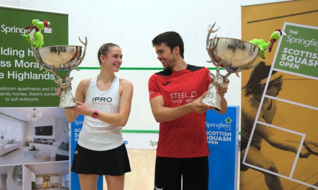 Springfield Scottish Squash Open winners in Inverness, Grace Gear and Edmon Lopez. Images: Courtesy of Scottish Squash