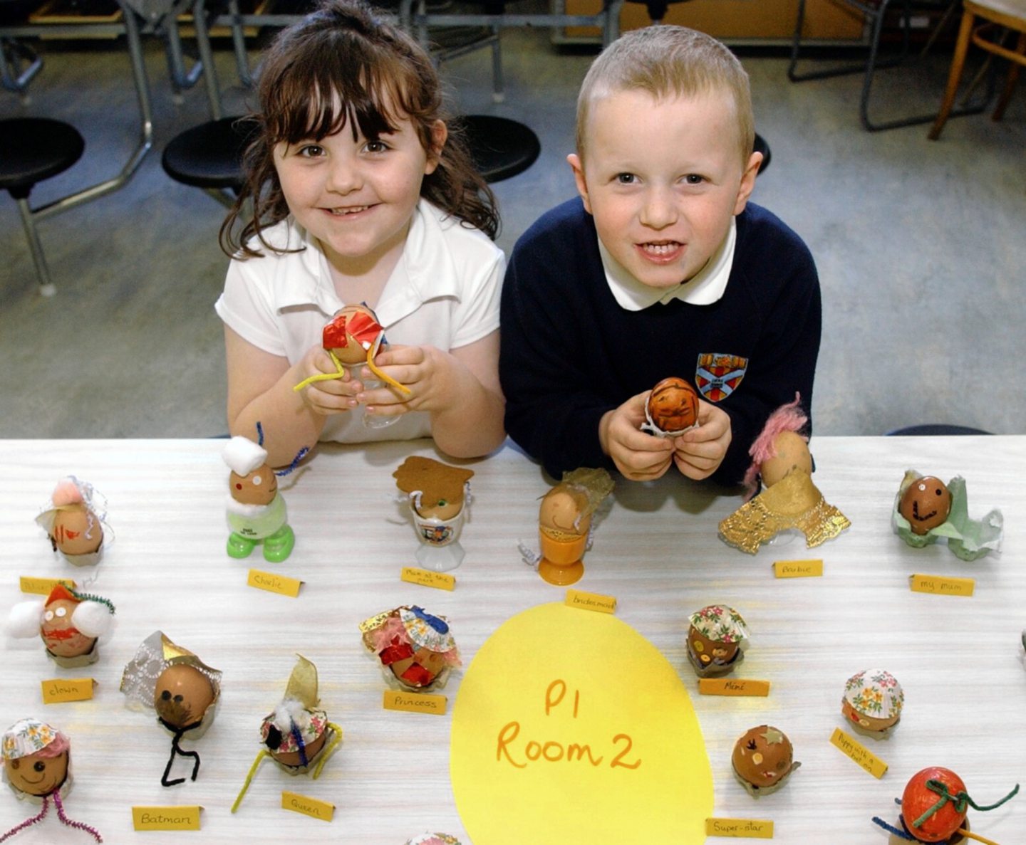Creative pupils Rebecca Felber and Ross William with the Easter eggs they designed for a school competition in 2003.