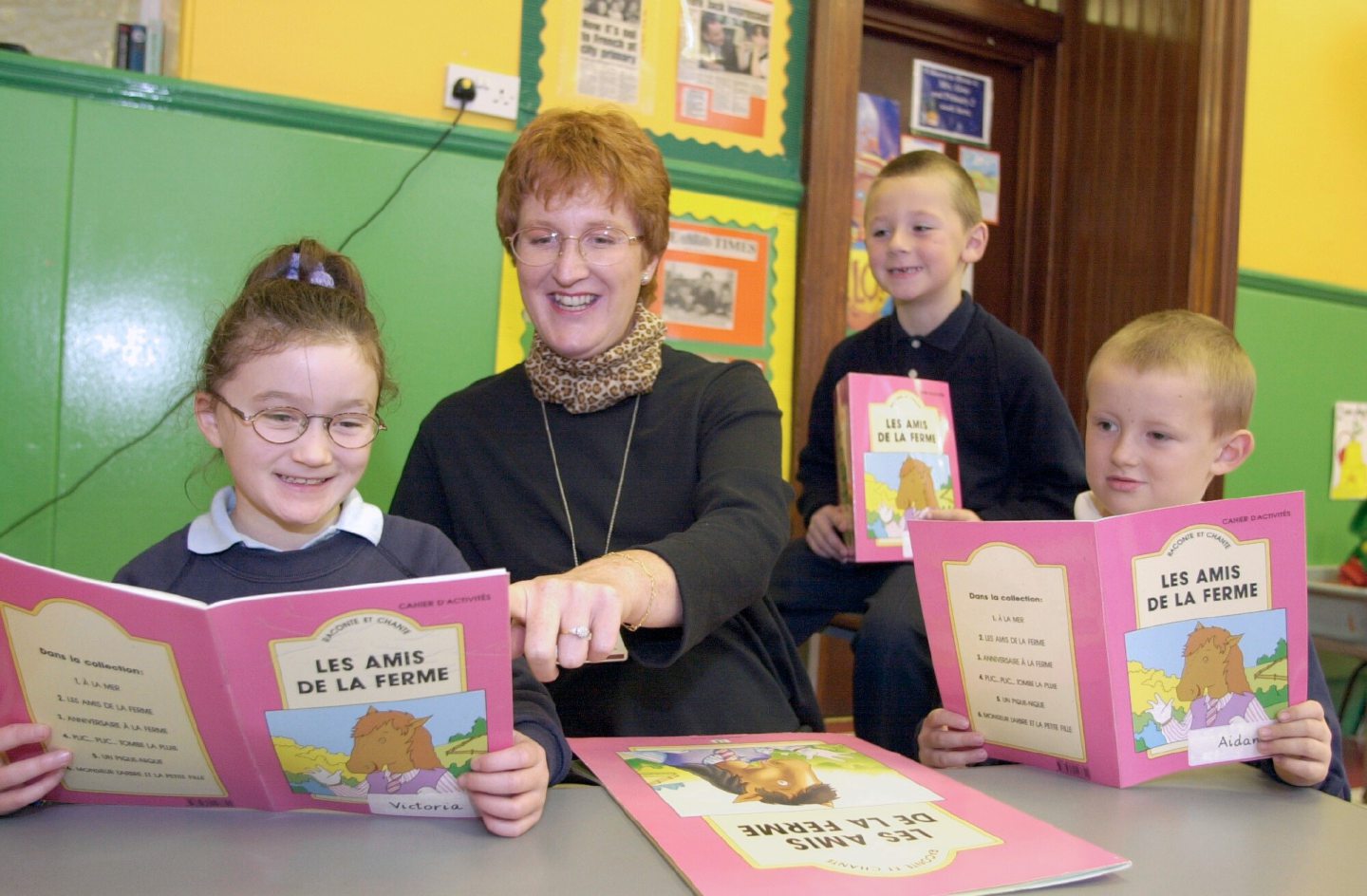 Primary pupils Victoria Craig, Stuart Dignan and Aiden Ross with teacher Sylvie Grigas during a French lesson in 2001.