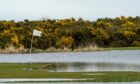 Single golf flag surrounded by water with gorse behind.