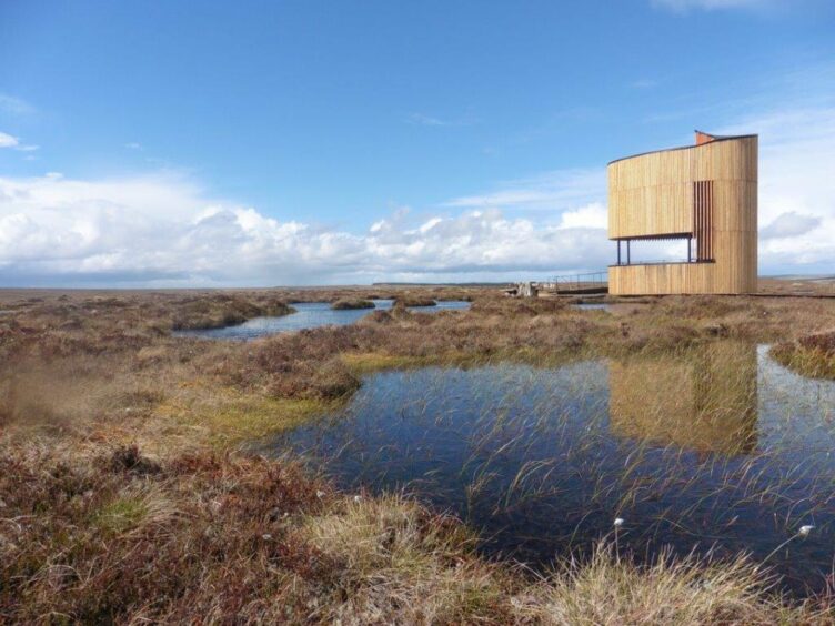 RSPB's Forsinard lookout in the Flow Country, a large, rolling expanse of peatland and wetland area of Caithness and Sutherland.