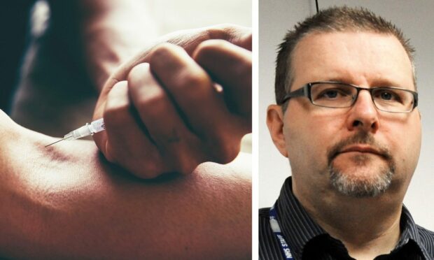 A picture of someone injecting into an arm and a headshot of Fraser Hoggan, the chief exec of Alcohol & Drugs Action