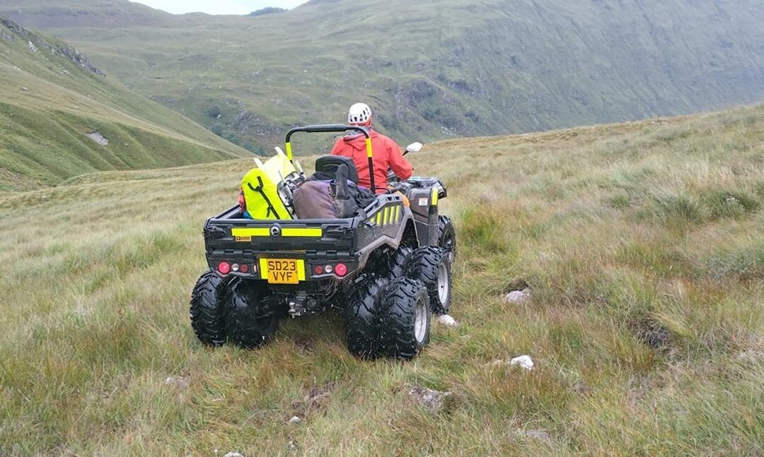Glencoe Mountain Rescue Team's all-terrain vehicle on-location in hills. 