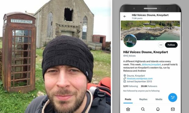 A selfie of a man next to an image of a phone showing the HI Voices account, which is celebrating its anniversary.
