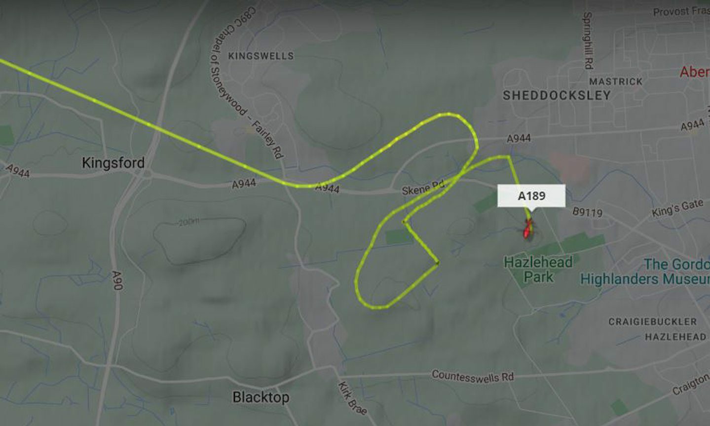 Screenshot from Flightradar showing helicopter's circular flight path over Hazlehead in Aberdeen. 